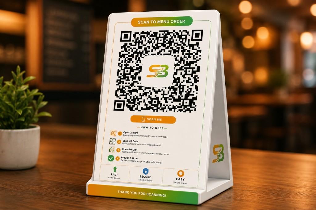 Swaad Byte QR table tent stand with scan-to-order instructions on a restaurant table