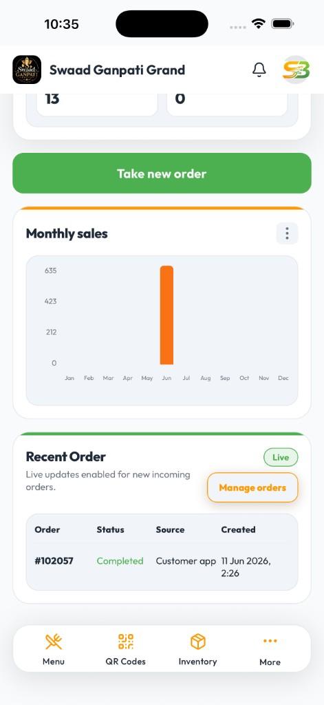 Swad POS mobile app showing monthly sales chart and recent live orders