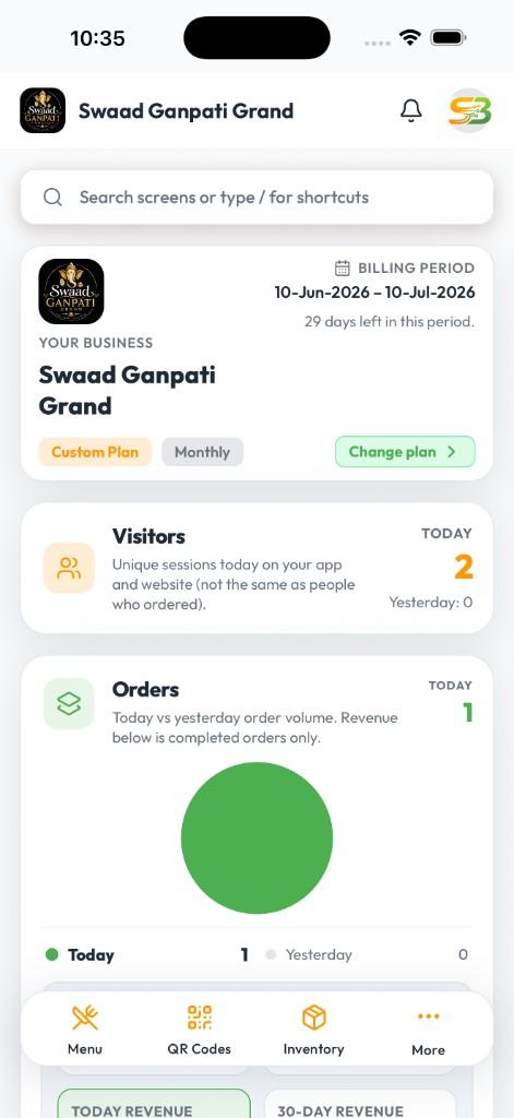 Swad POS mobile app showing visitors, orders, and billing period dashboard